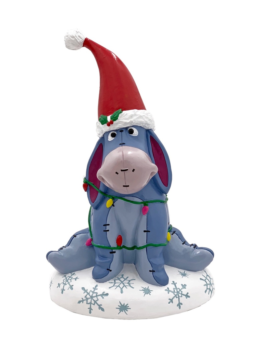 Disney Blue Eeyore Figurine Wearing Red Santa Hat with Holiday Lights